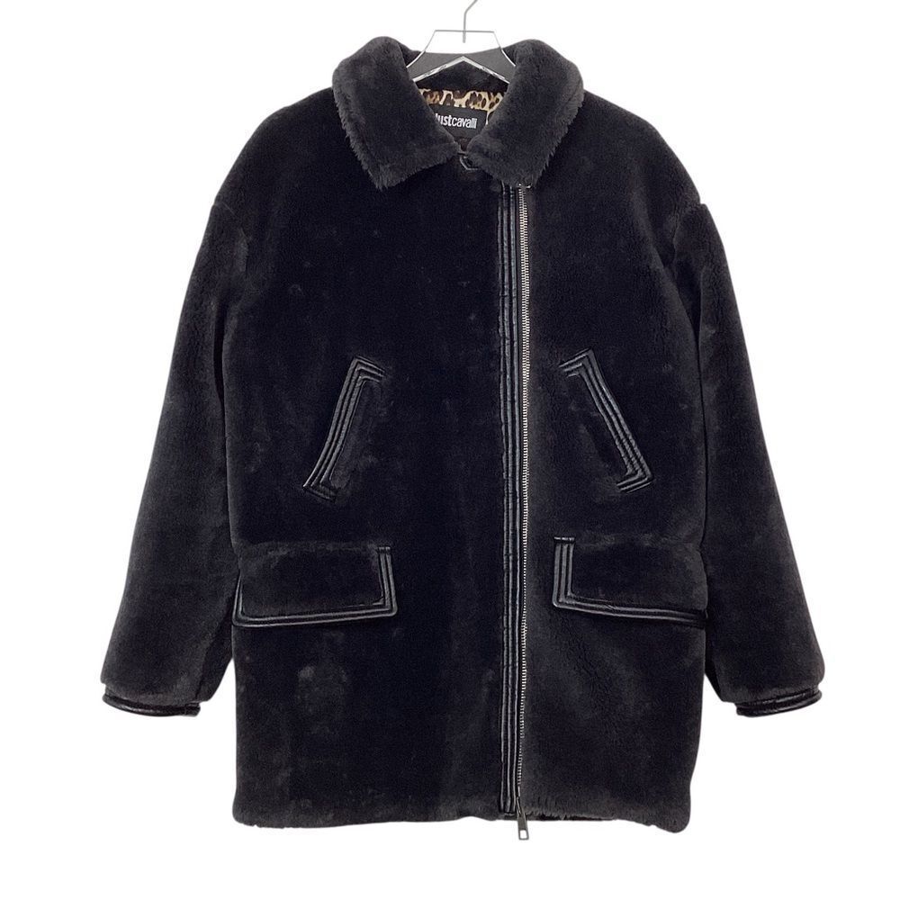 JUST CAVALLI IT 42 Faux Fur Teddy Coat Gray Black Shearling Look Oversized
